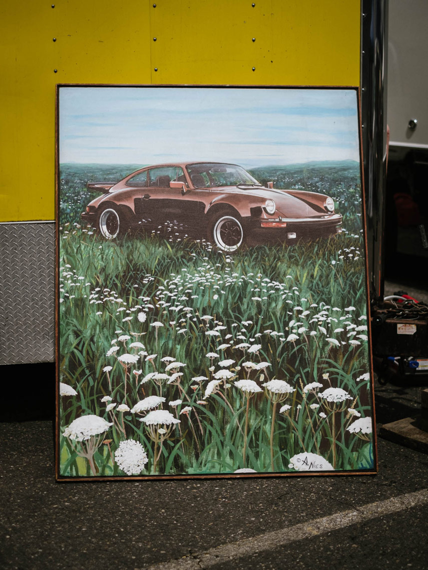 painting of a porsche 911 in a grassy field