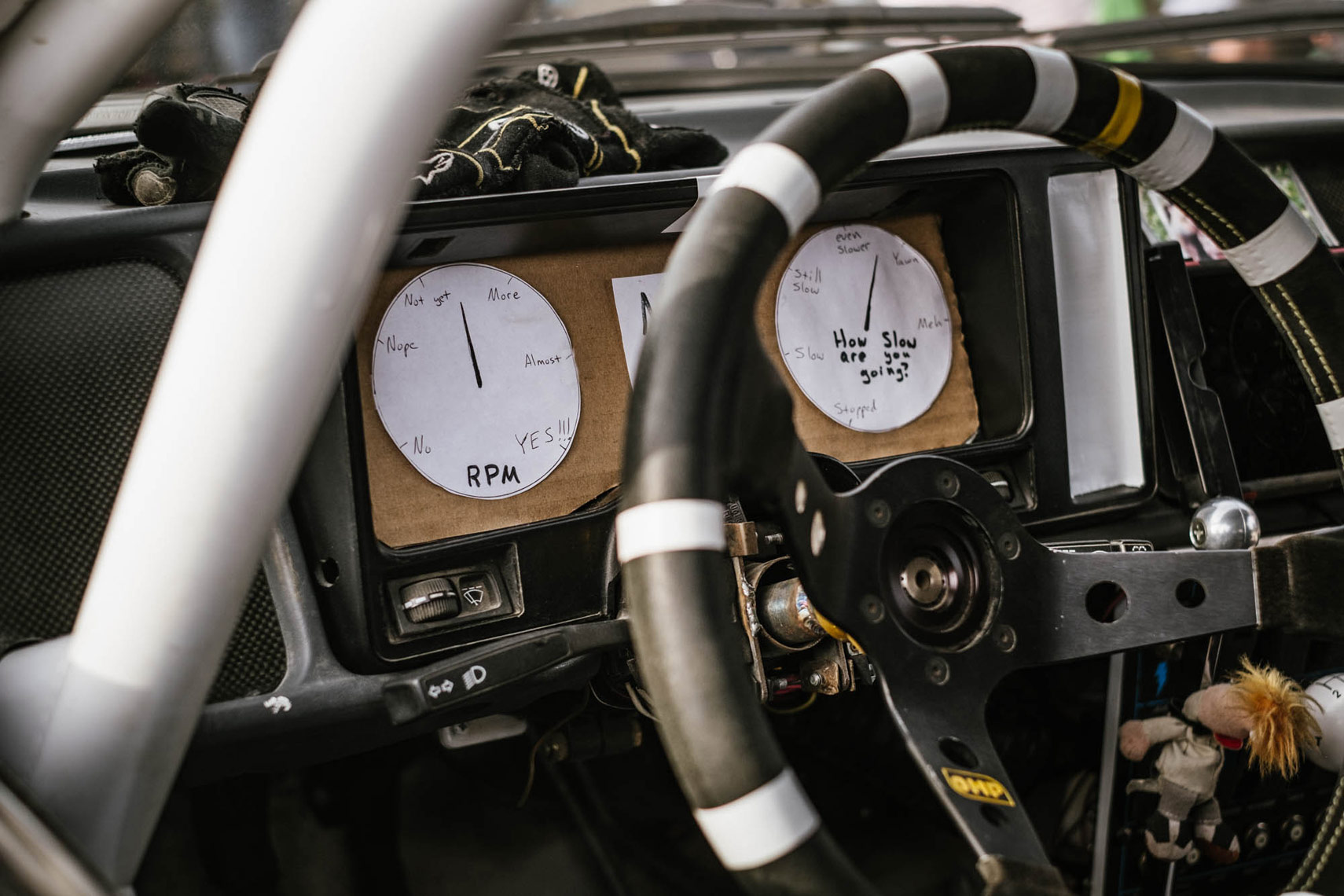humorous cockpit of a rally car
