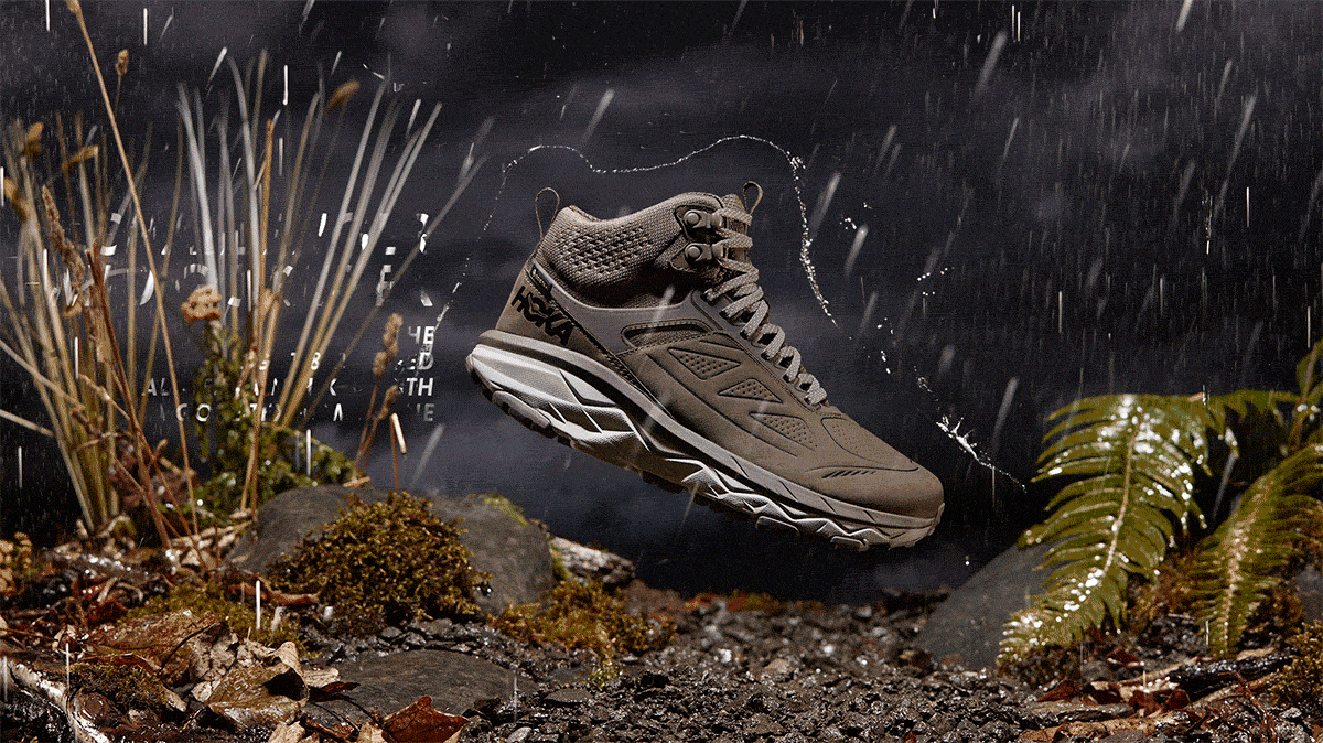 hiking shoe with a rain forcefield stays dry during a storm