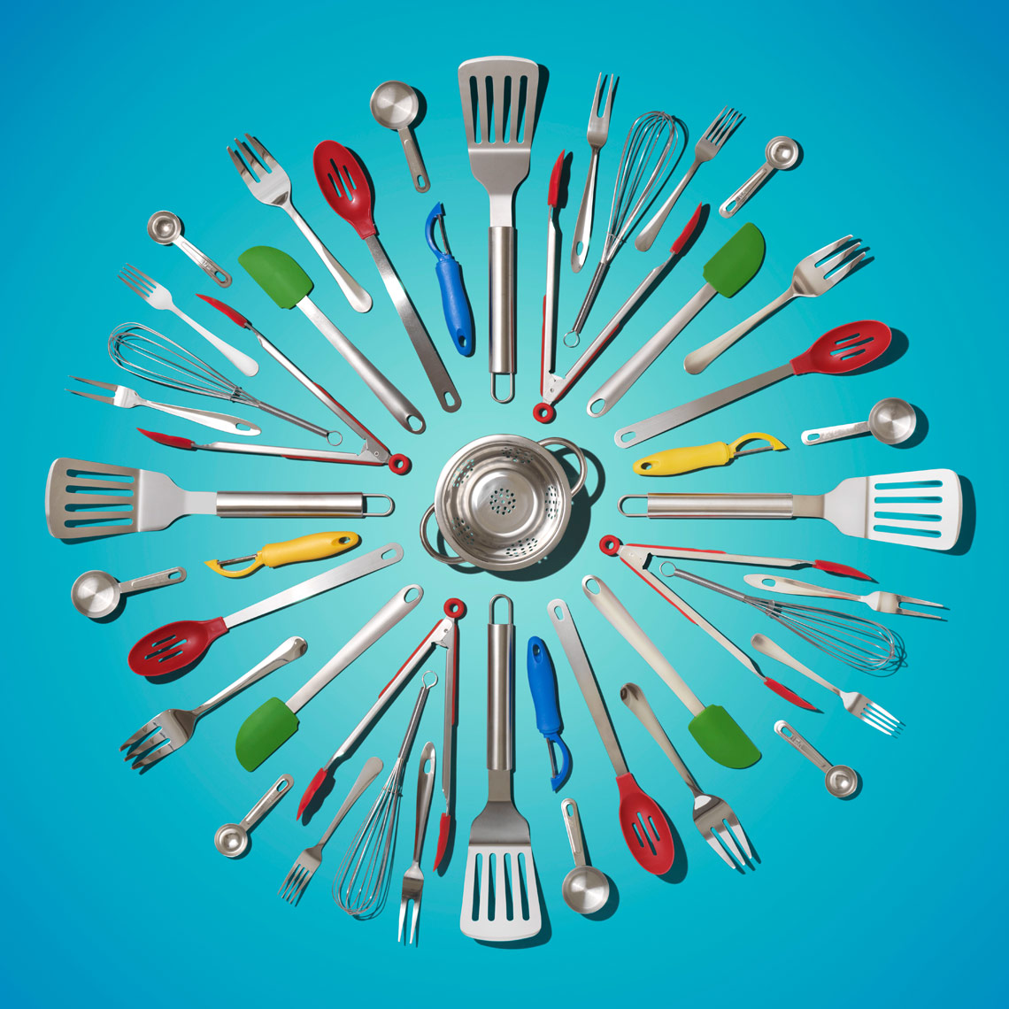 cooking utensils arranged in a mandala