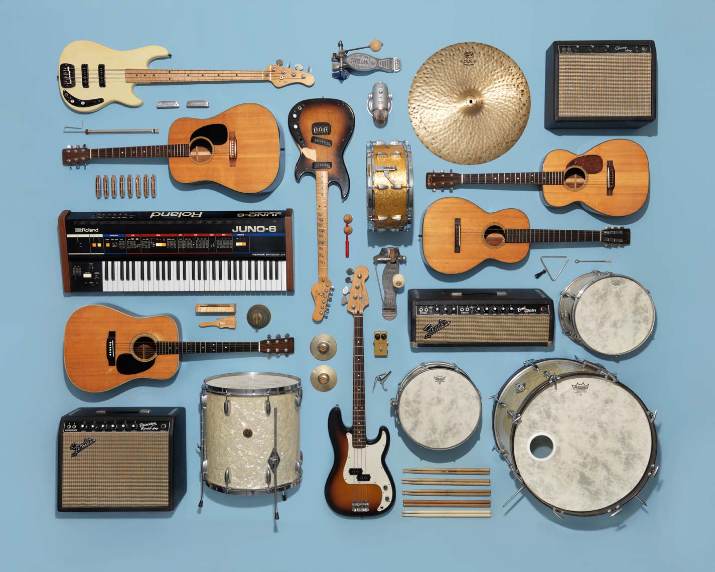 classic instruments arranged on a light blue background