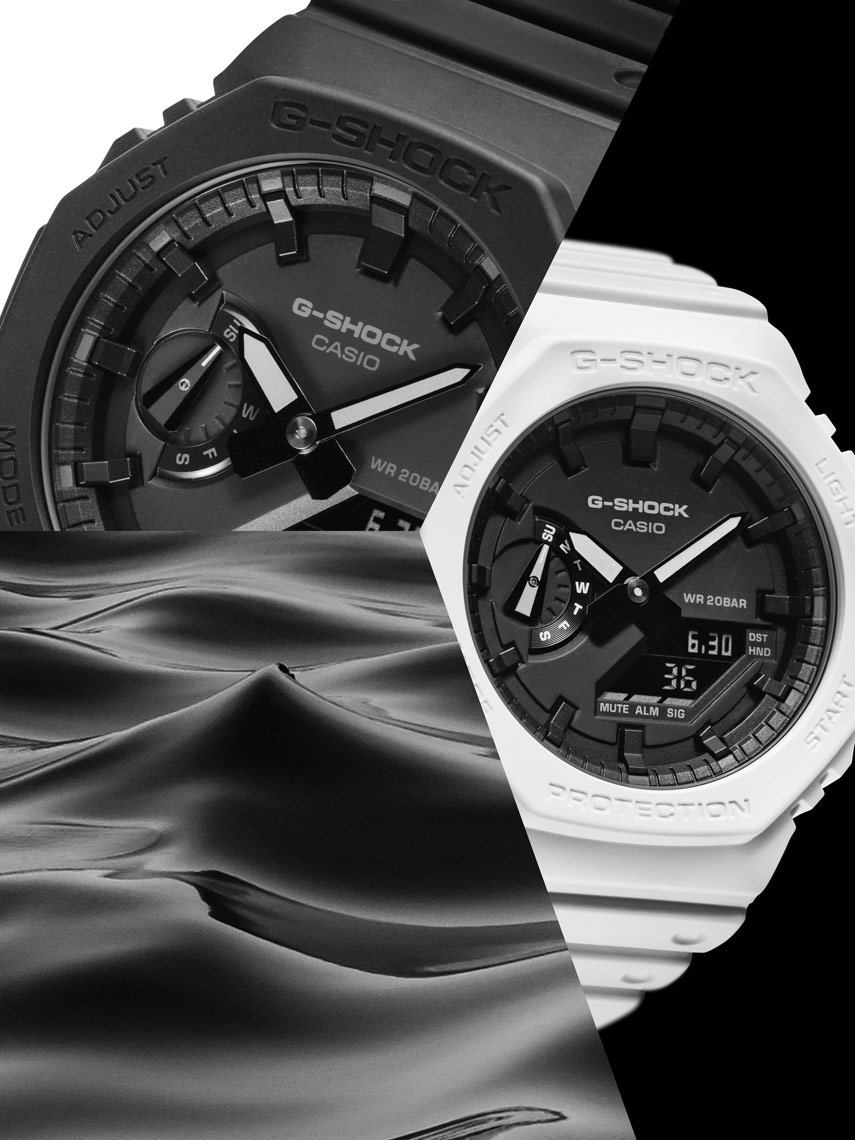 gshock GA2100 watches split with water white and black background