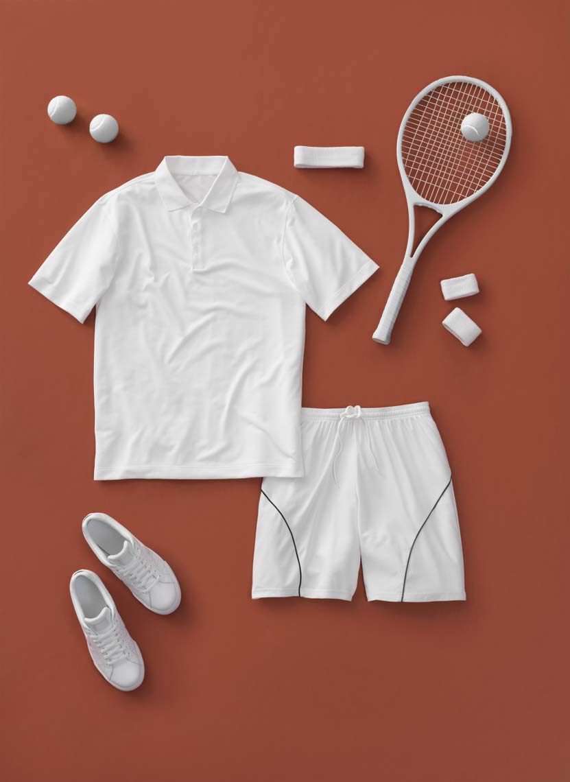 white tennis apparel on clay background