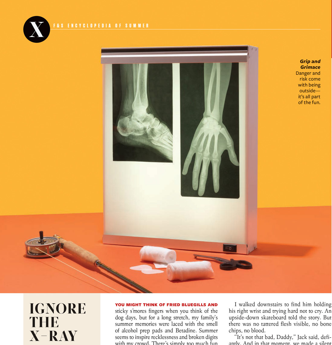 hand foot X-ray on orange and yellow background with outdoor stuff around it