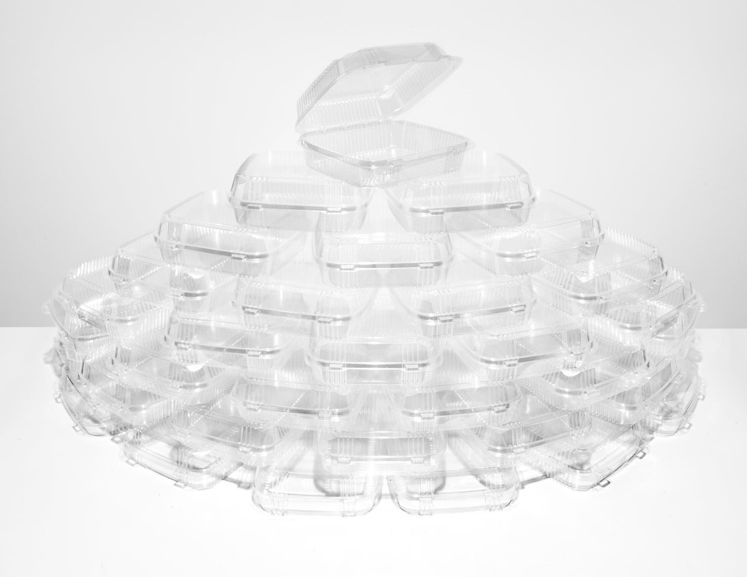 plastic clamshell for take out food arraign in a circular stack