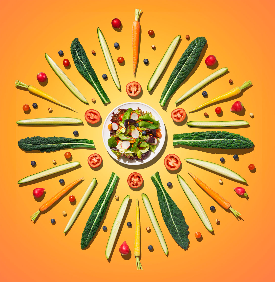 salad vegetables arrange in a round mandala