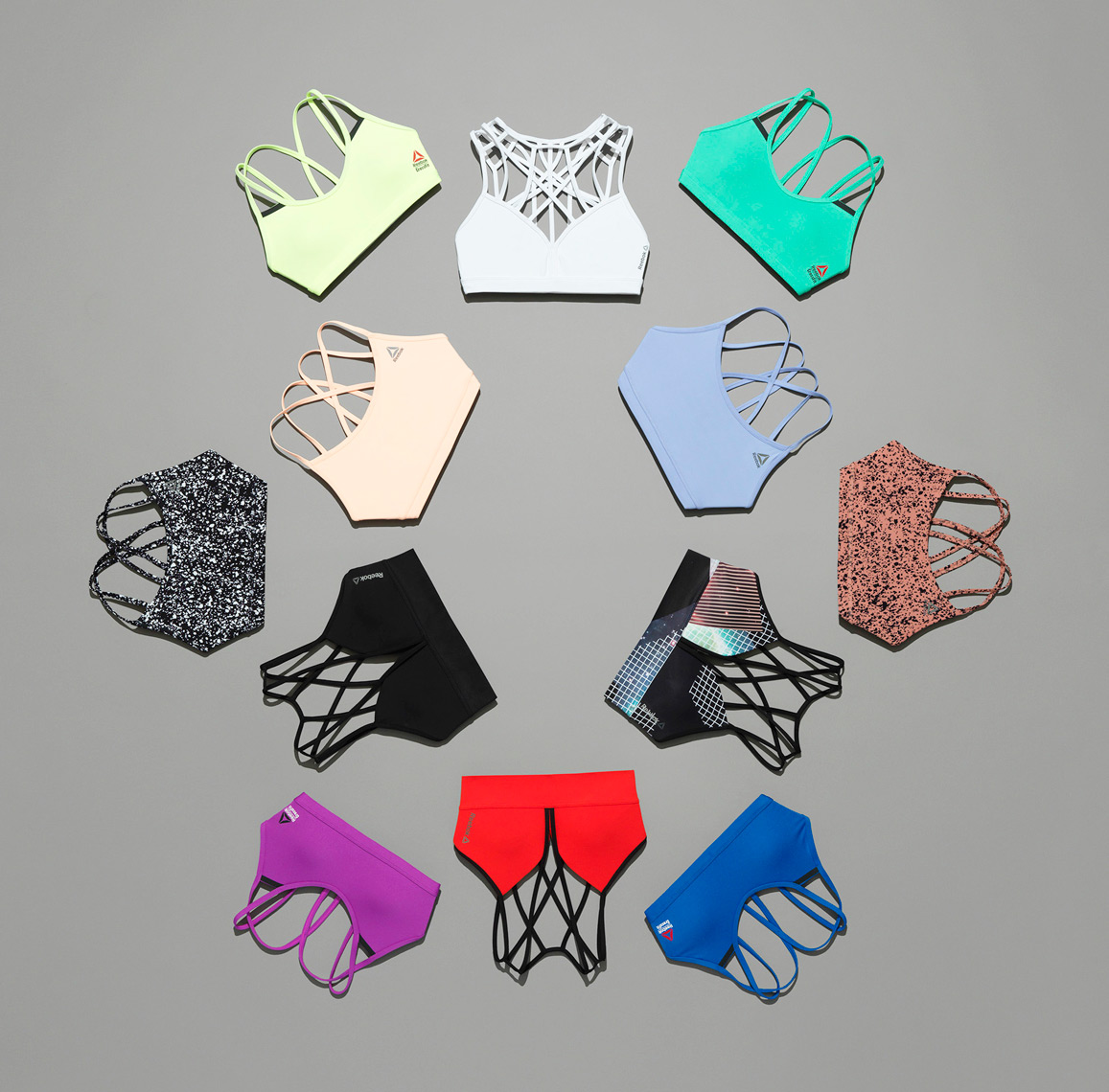 support group photo of colorful sport bras reebok